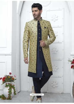 Beige And Blue Jacqurad Silk Designer Indowestern Sherwani For Men