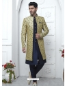 Beige And Blue Jacqurad Silk Designer Indowestern Sherwani For Men