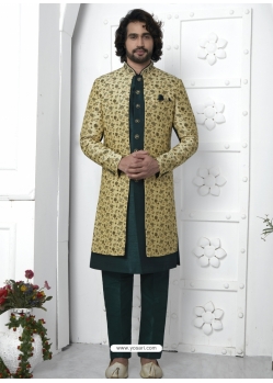 Jacqurad Silk Designer Indowestern Sherwani In Beige And Green