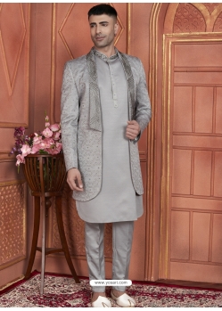 Grey Art Silk Indo Western With Embroidery And Thread Work For Men