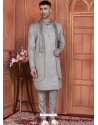 Grey Art Silk Indo Western With Embroidery And Thread Work For Men