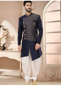 Classy Blue Silk Indo Western Sherwani For Mens