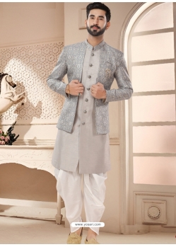 Grey Silk Indo Western Sherwani For Mens