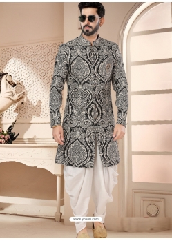 Black And White Woven Jacquard Indo Western Sherwani For Mens