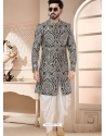 Black And White Woven Jacquard Indo Western Sherwani For Mens