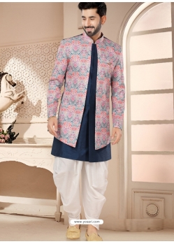 Blue Silk Indo Western Sherwani With Multi Coloured Jacket