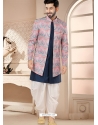 Blue Silk Indo Western Sherwani With Multi Coloured Jacket