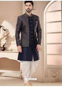 Blue Silk Indo Western Sherwani With Jacket