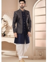 Blue Silk Indo Western Sherwani With Jacket