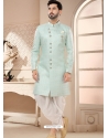 Aqua Blue Designer Jacquard Indo Western Sherwani