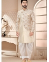 Cream Zari Emrboidered Designer Silk Indo Western Sherwani