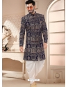 Navy Blue Velvet Zari Embroidery Worked Indo Western Sherwani