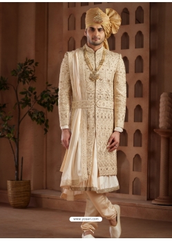 Royal Look Beige Art Silk Hand Worked Wedding Sherwani