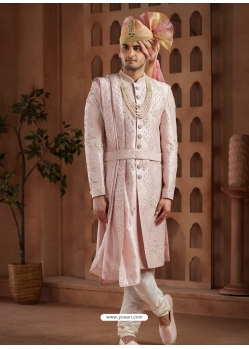 Pink Art Silk Hand Worked Wedding Sherwani