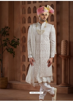 White Art Silk Wedding Sherwani
