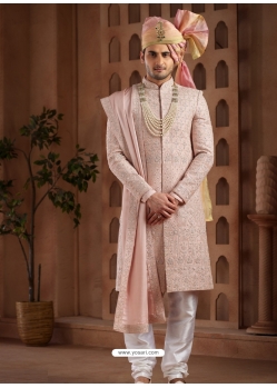 Heavy Hand Worked Art Silk Wedding Sherwani In Pink