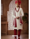 Cream And Maroon Embroidered Art Silk Wedding Sherwani