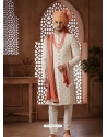 Cream Embroidered Art Silk Hand Worked Wedding Sherwani