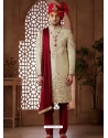 Hand Worked Jacquard Wedding Sherwani In Cream And Maroon