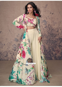 Fantastic Cream Crepe Silk Salwar Suit With Embroidered And Print Work