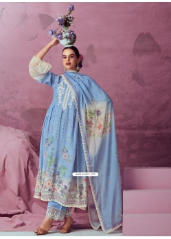 Blue Muslin Embroidered And Print Work Trendy Suit