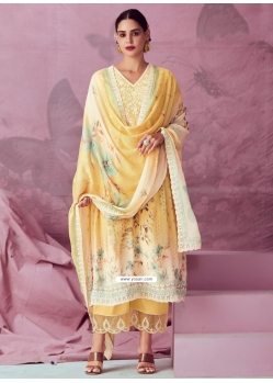 Yellow Muslin Embroidered And Print Work Salwar Suit