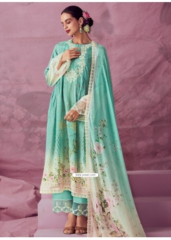 Sea Green Muslin Salwar Suit With Embroidered And Print Work