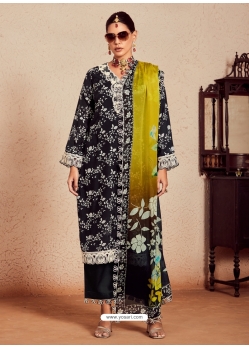 Stylish Printed And Embroidered Pure Muslin Salwar Suit In Black