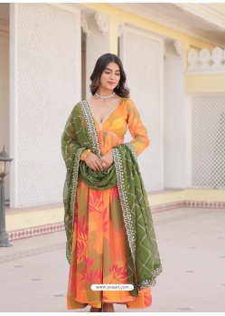 Digital Print Work Silk Gown In Multi Colour
