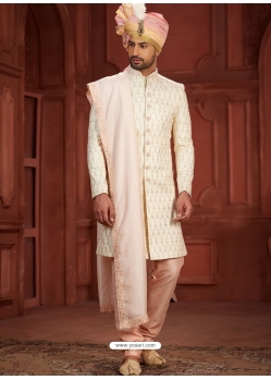 Peach Heavy Silk Embroidered Mens Sherwani