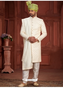 Embroidered And Hand Worked Heavy Silk Wedding Sherwani In Cream