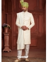 Embroidered And Hand Worked Heavy Silk Wedding Sherwani In Cream