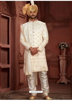 Off White Heavy Silk Embroidered Wedding Sherwani