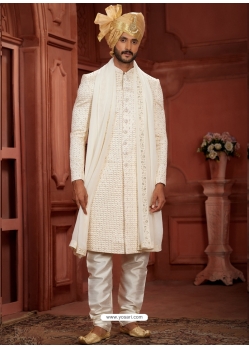 Cream Heavy Silk Embroidered Mens Sherwani