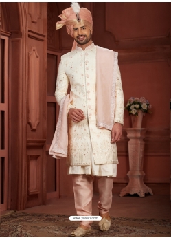 Embroidered And Hand Worked Wedding Sherwani In Peach