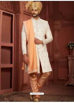 Orange Heavy Silk Embroidered Mens Sherwani