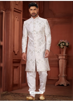 Heavy Silk Embroidered Mens Sherwani In White
