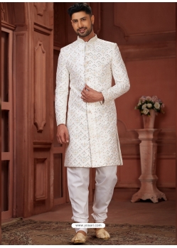 Off White Heavy Silk Embroidered Sherwani For Mens