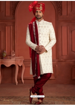 Heavy Silk Embroidered Sherwani In White And Maroon