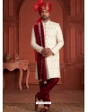 Heavy Silk Embroidered Sherwani In White And Maroon