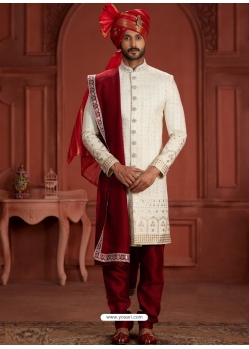 Off White And Maroon Heavy Silk Sherwani With Embroidery And Hand Work