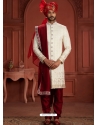 Off White And Maroon Heavy Silk Sherwani With Embroidery And Hand Work