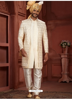 Cream Pure Silk Wedding Wear Groom Sherwani