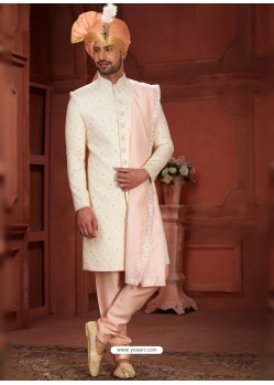 Cream And Pink Embroidered And Hand Worked Wedding Sherwani