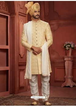 Beige Heavy Worked Silk Wedding Wear Sherwani