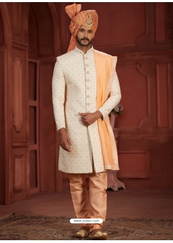 Royal Look Cream And Peach Pure Silk Wedding Sherwani