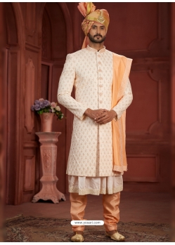 Cream And Peach Heavy Embroidered Wedding Wear Sherwani