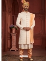 Cream And Peach Heavy Embroidered Wedding Wear Sherwani
