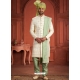 Cream And Green Pure Silk Heavy Wedding Wear Groom Sherwani