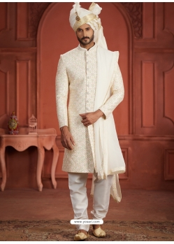 Sequence And Hand Worked Cream Heavy Pure Silk Wedding Wear Sherwani